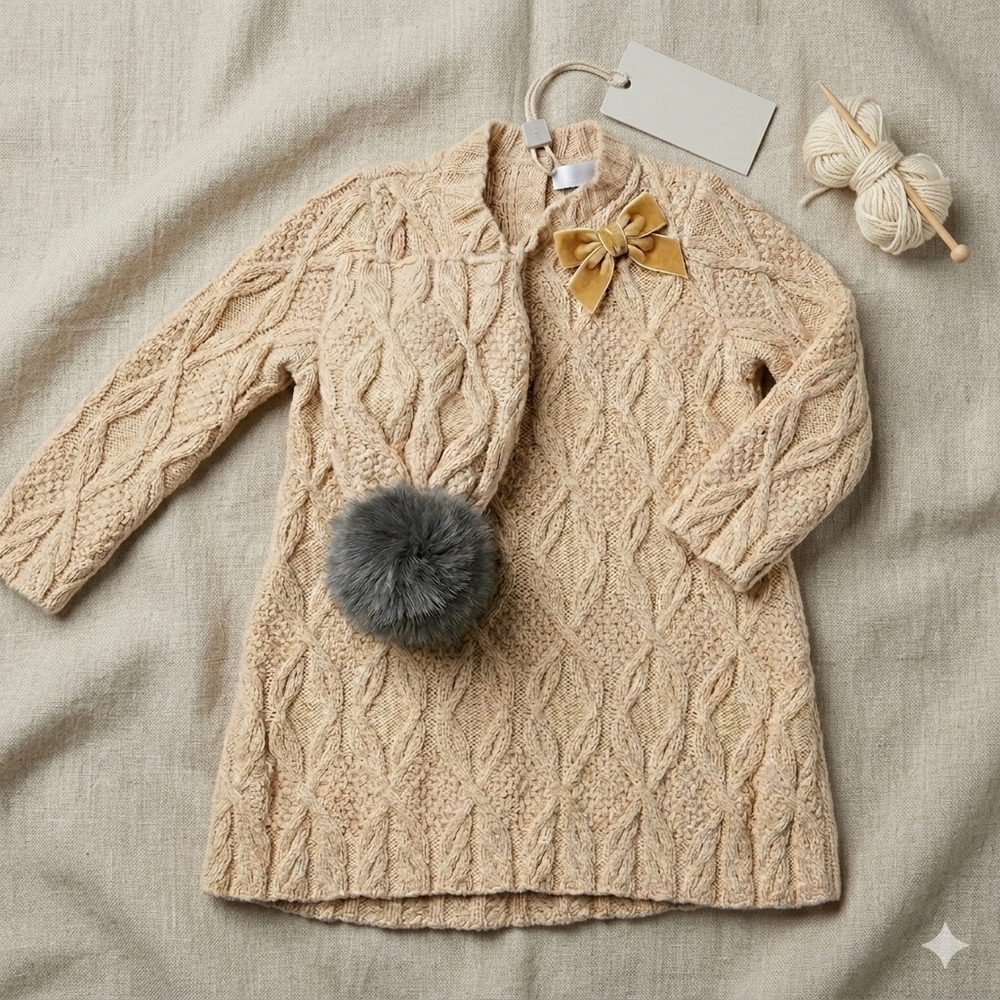 Max Studio Baby 12M Cable Knit Dress Pom Pom Hat Set Tan Beige Cotton Cozy NWOT